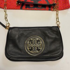 Tory Burch genuine pebble Black Leather Raphael flap chain clutch
